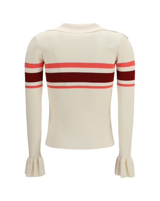 Self-Portrait White Striped Viscose Knit Button Top
