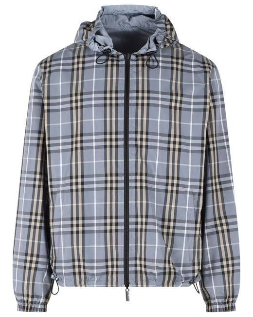 Burberry Blue Wave Polyester 'Newport Check' Reversible Hooded Jacket for men