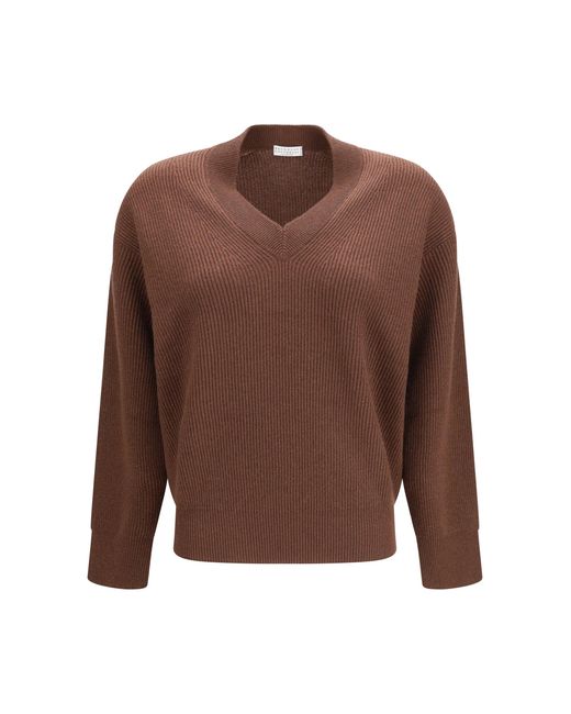 Brunello Cucinelli Brown V-Neck Sweater