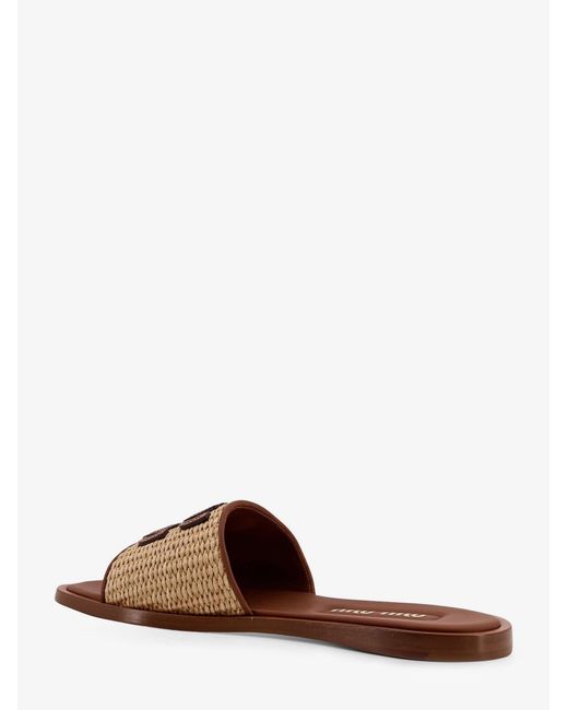 Miu Miu Brown Raffia And Leather Sandals With Logo Lettering