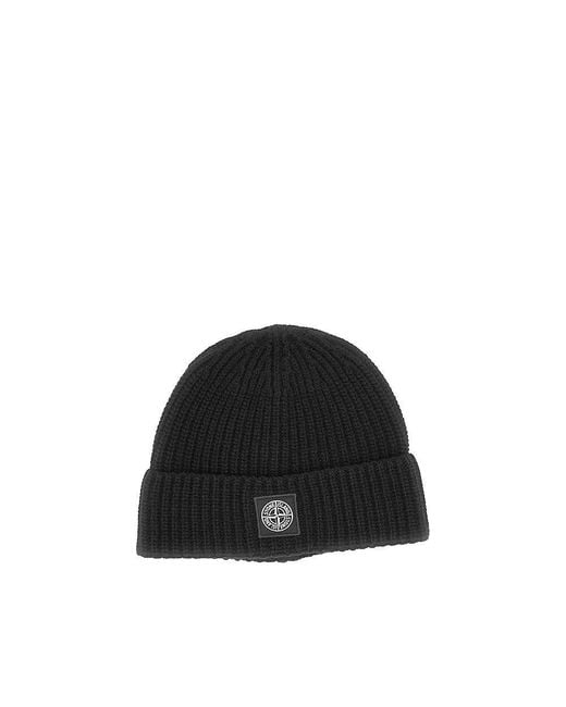 Stone Island Black Virgin Wool Beanie Hat With Logo Patch for men