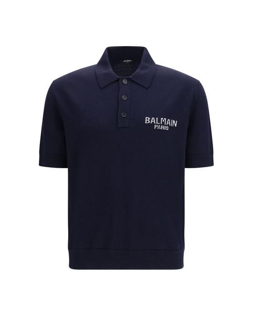 Balmain Blue Short-Sleeve Wool Polo for men