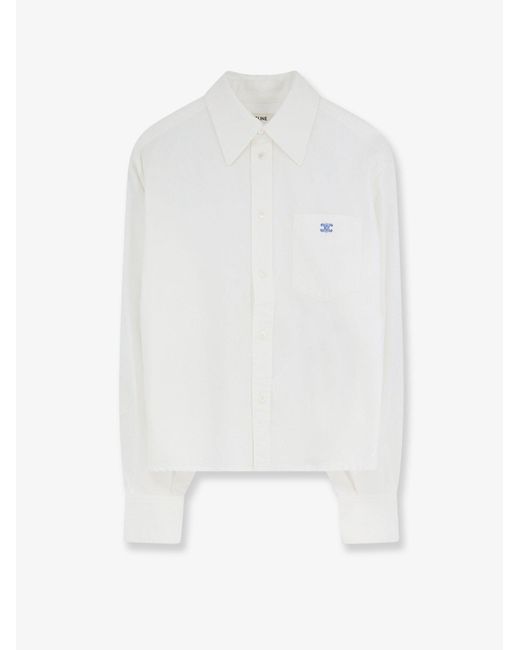 Céline White Cropped Denim Shirt With Front Embroidered Logo