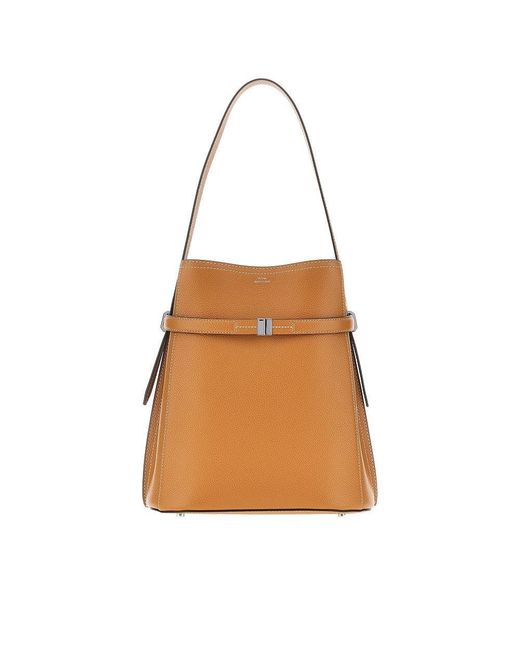Women's Brown Grained Leather Belted Bucket Bag