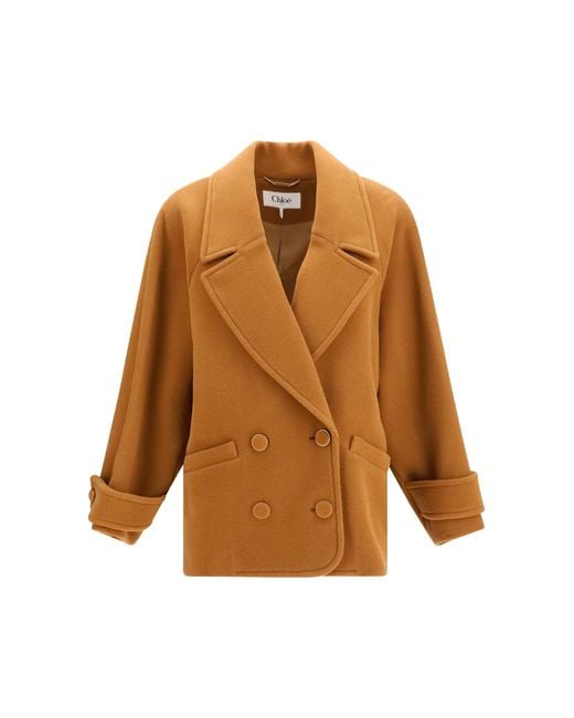 Chloé Brown Chloé Double-Breasted Herringbone Wool Short Coat
