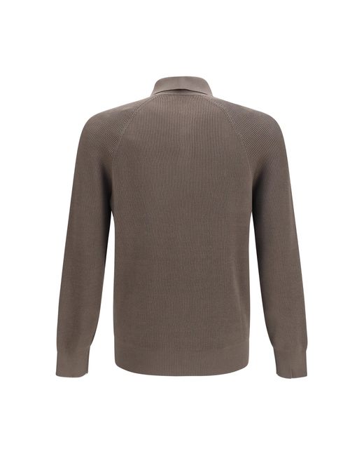 Brunello Cucinelli Gray Long-Sleeve Knit Polo Shirt for men