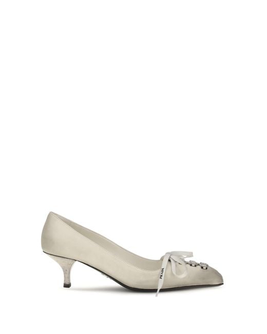 Prada White Lace-Up Antique-Finish Leather Pumps Talco