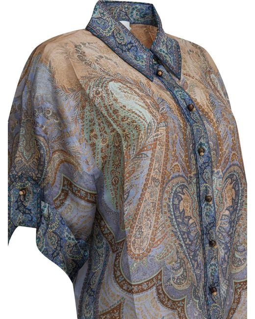 Zimmermann Gray Wanderlust Short-Sleeved Silk Shirt