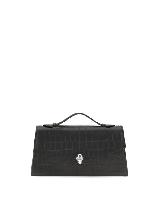 McQueen Black Handbag Skull Croc-Embossed