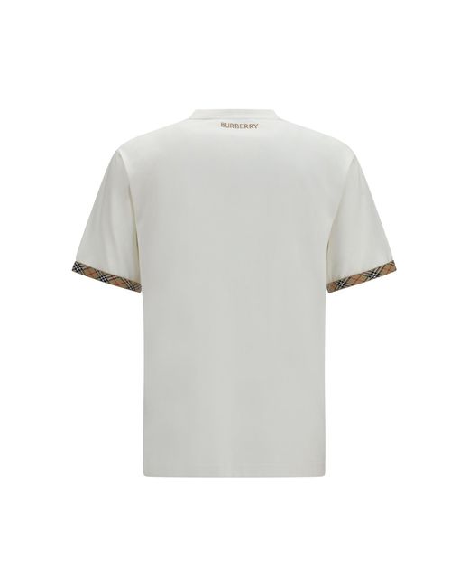 Burberry White Cotton T-Shirt With Check Trim for men