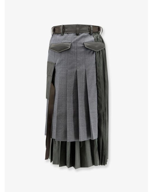 Sacai Gray Pleated Wool Blend Skirt