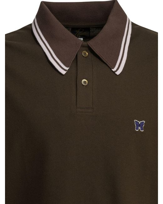 Needles Green Polo Shirt With Buttons And Logo for men