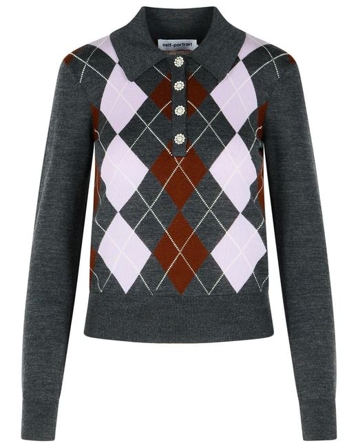 Self-Portrait Black Self Portrait 'Argyle' Wool Sweater