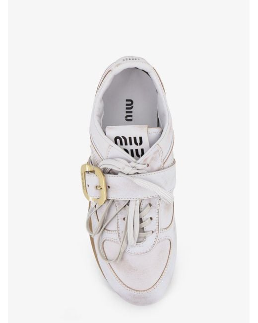 Miu Miu White Used-Effect Leather Sneakers With Metal Buckle Detail