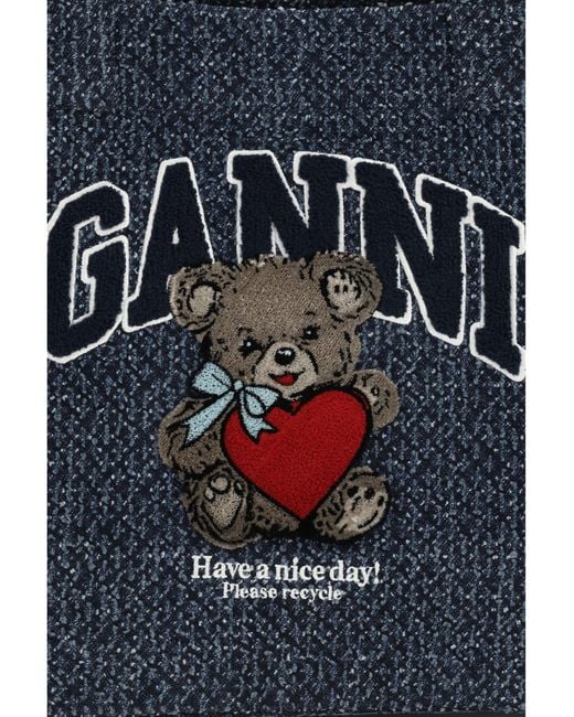Ganni Blue Medium Denim Tote Bag With Bear