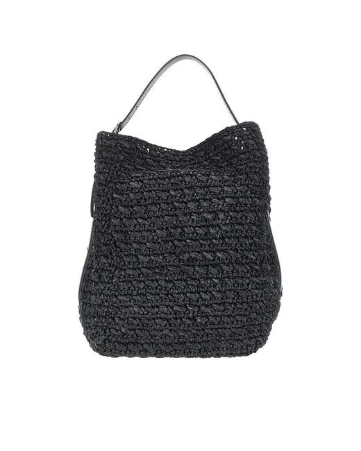Totême Black Woven Raffia Belted Tote Bag