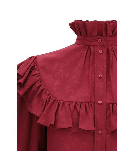 Saint Laurent Red Silk Shirt With Ruffles
