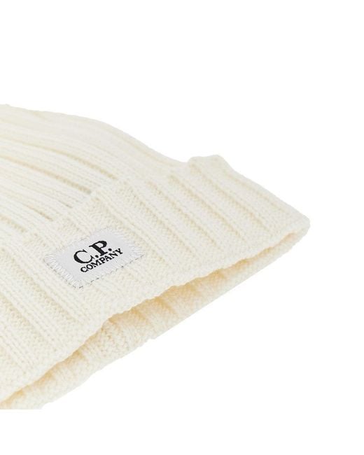 C P Company Natural Knitted Beanie Hat for men