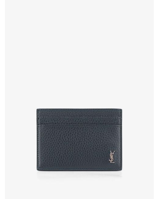 Saint Laurent Blue Tiny Cassandre Textured Leather Card Holder for men