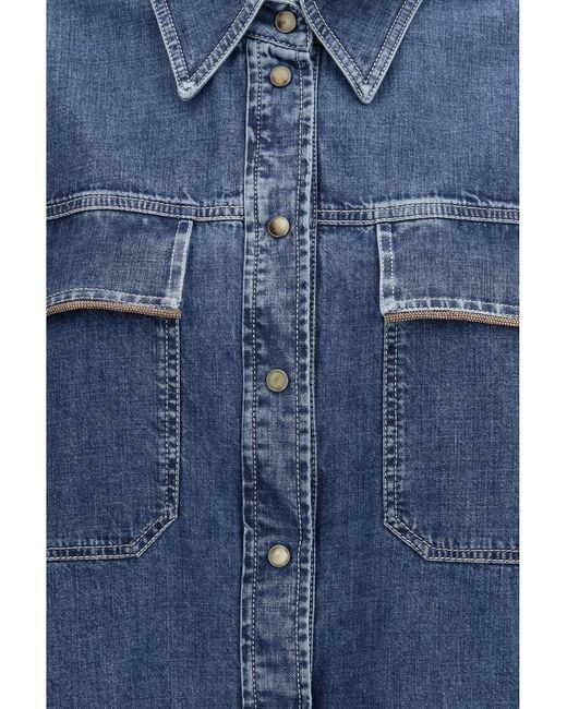Brunello Cucinelli Blue Denim Shirt With Jewel Details