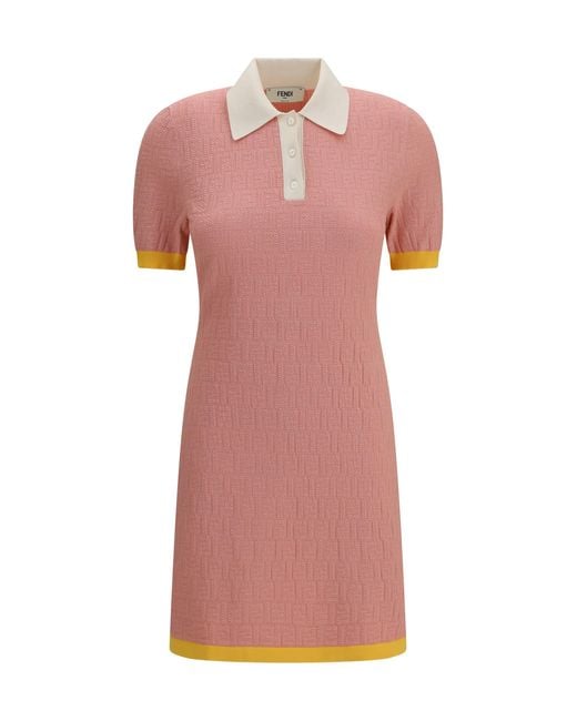 Fendi Pink Short Fitted Cotton And Silk Ff Dress