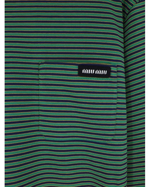 Miu Miu Green Cotton T-Shirt With Striped Pattern