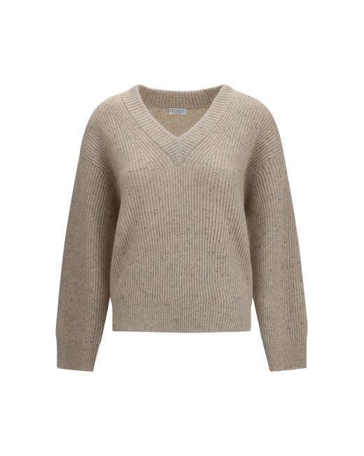 Brunello Cucinelli Natural Cashmere And Mohair V-Neck Sweater