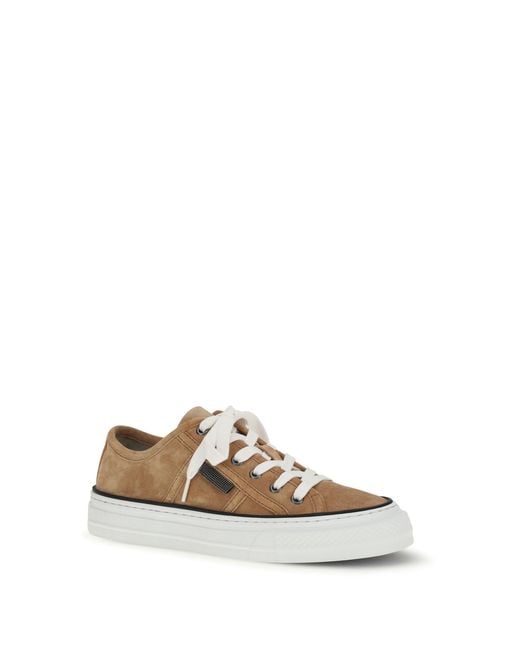 Brunello Cucinelli White Shiny Tab Suede Sneakers