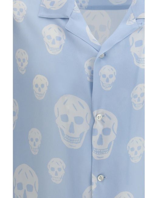 McQueen Blue Skull-Printed Hawaiian Shirt for men