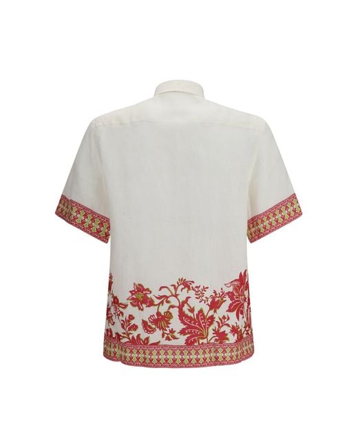 Etro White Linen Shirt With Floral Print And Short Sleeves for men