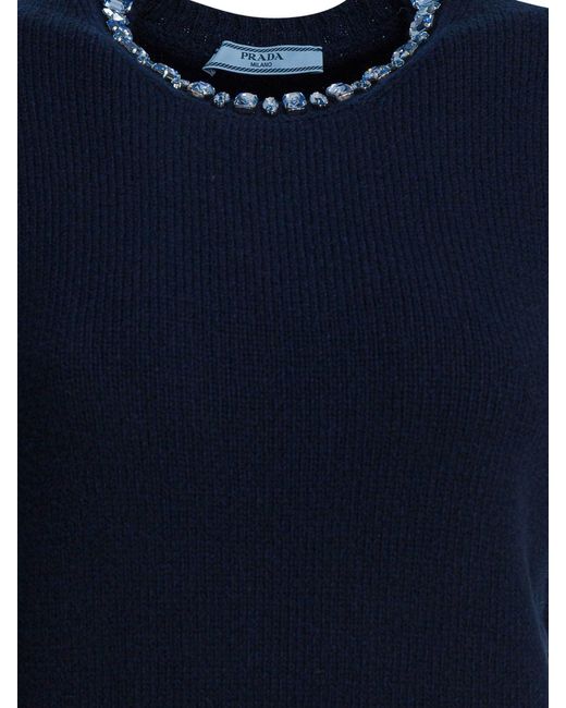 Prada Blue Wool And Cashmere Crewneck Sweater