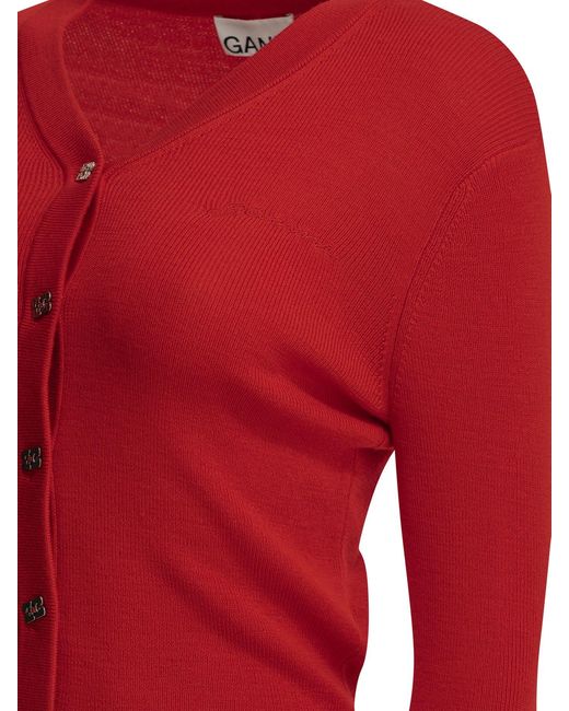 Ganni Red Merino Wool Cardigan