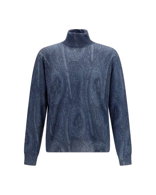 Etro Blue Printed Turtleneck Sweater for men