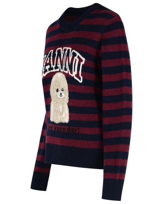 Ganni Blue Multi Wool Blend Poodle Graphic Sweater