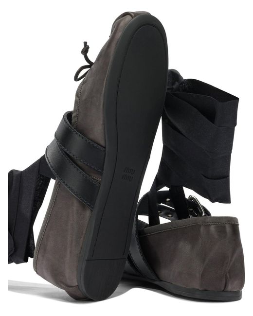 Miu Miu Black Leather Ballets Flat With Ribbon