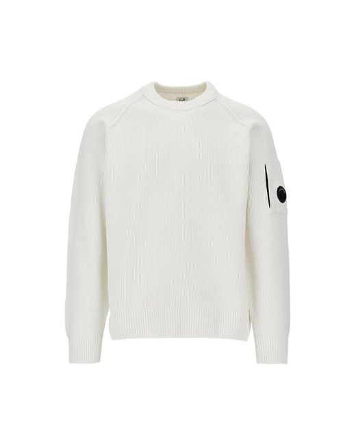 C P Company White Cotton Chenille Crewneck Sweater for men