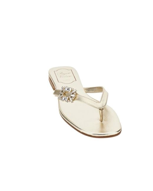 Roger Vivier White Metallized Nappa Leather Thong Slides