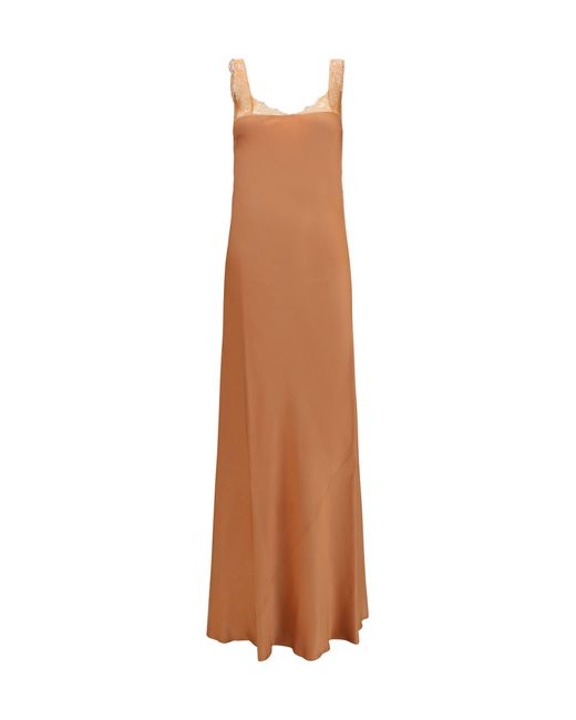 Forte_forte Brown Satin Maxi Dress With Lace Trims