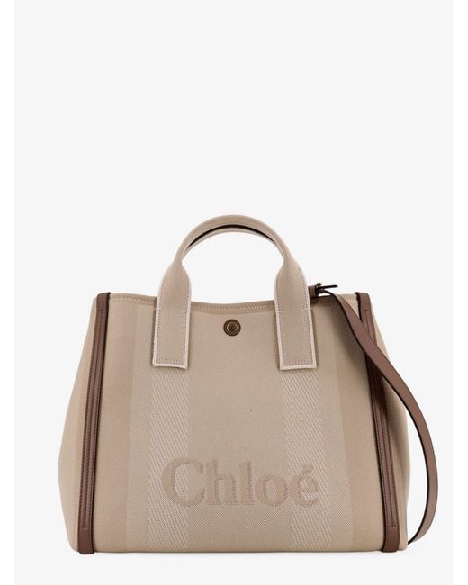 Chloé Natural Striped Jacquard Fabricchloé Carry Crossbody Bag With Oversized Logo On The Front