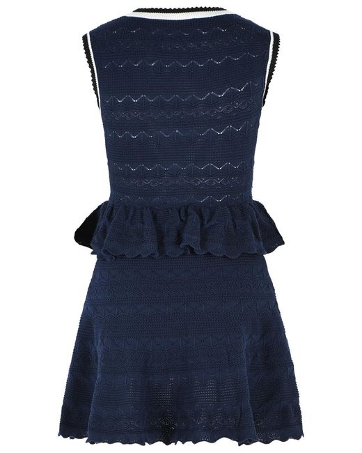 Self-Portrait Blue Self Portrait Cotton Blend Openwork Knit Mini Dress