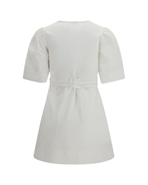 Ganni White Cotton Mini Dress With A Deep V-Neckline And Three Front Tie Bands