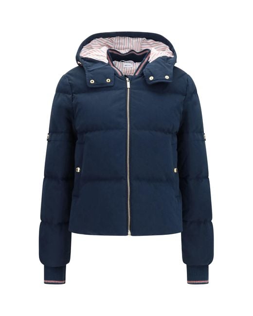 Thom Browne Blue Waxed Technical Puffer Jacket With Hood