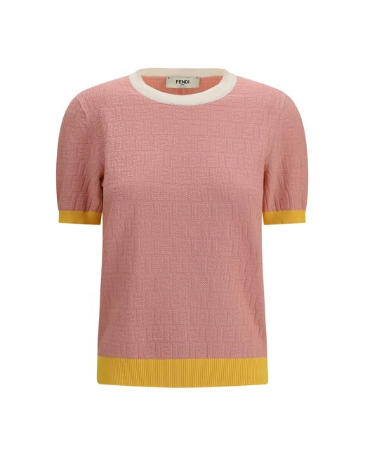 Fendi Pink Cotton And Silk Crewneck Sweater With Ff Motif