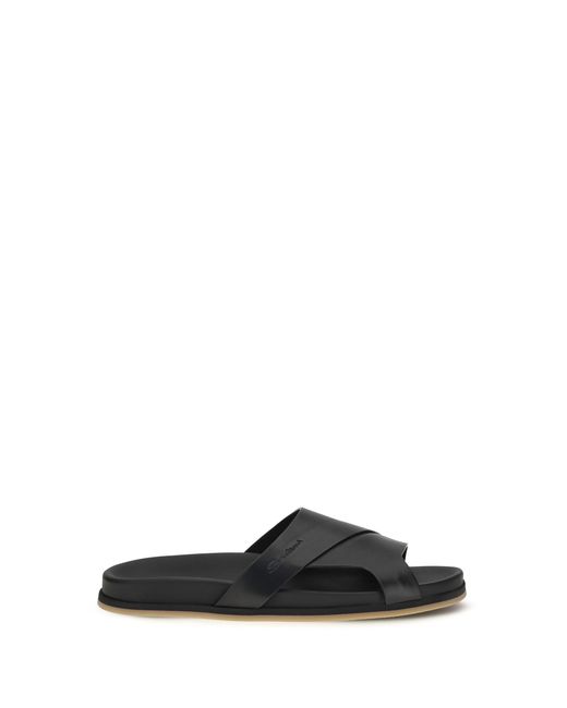 Santoni Black Leather Slippers for men