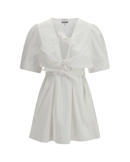 Ganni White Cotton Mini Dress With A Deep V-Neckline And Three Front Tie Bands