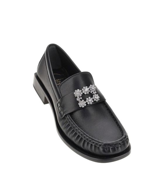 Roger Vivier Black Crystal Buckle Leather Loafers