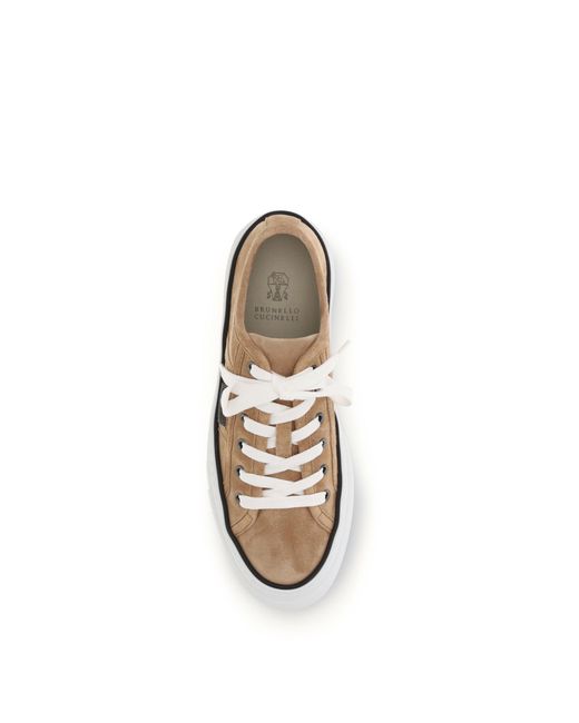 Brunello Cucinelli White Shiny Tab Suede Sneakers