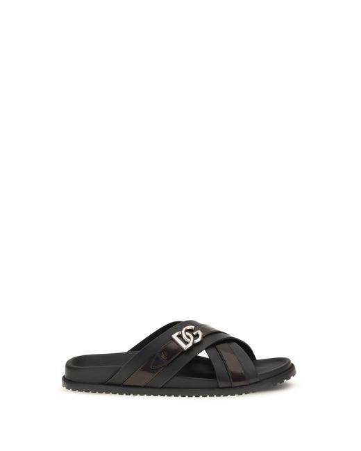 Dolce & Gabbana Black Dolce & Gabbana Smooth Calf Leather Slide Sandals Nero for men