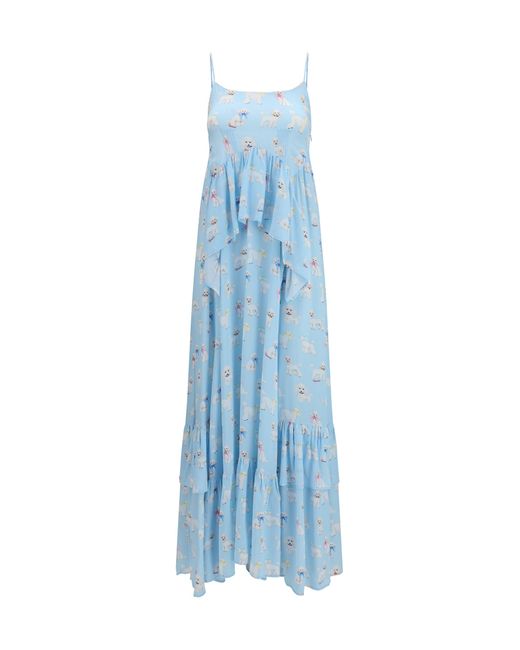 Fiorucci Blue Dress Poodle-Print Tiered Maxi