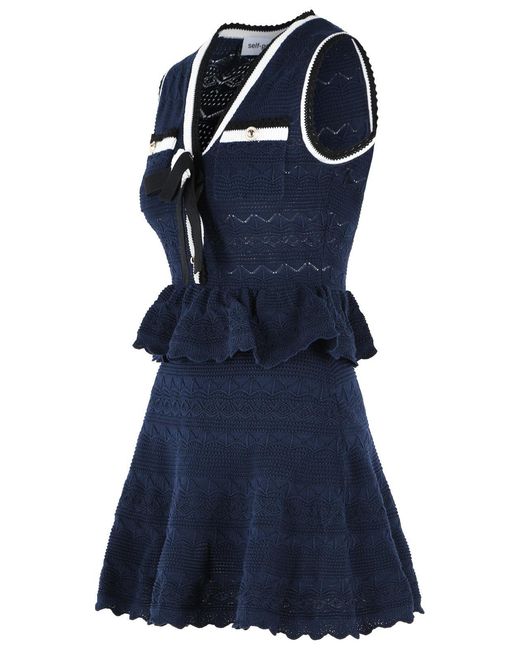 Self-Portrait Blue Self Portrait Cotton Blend Openwork Knit Mini Dress